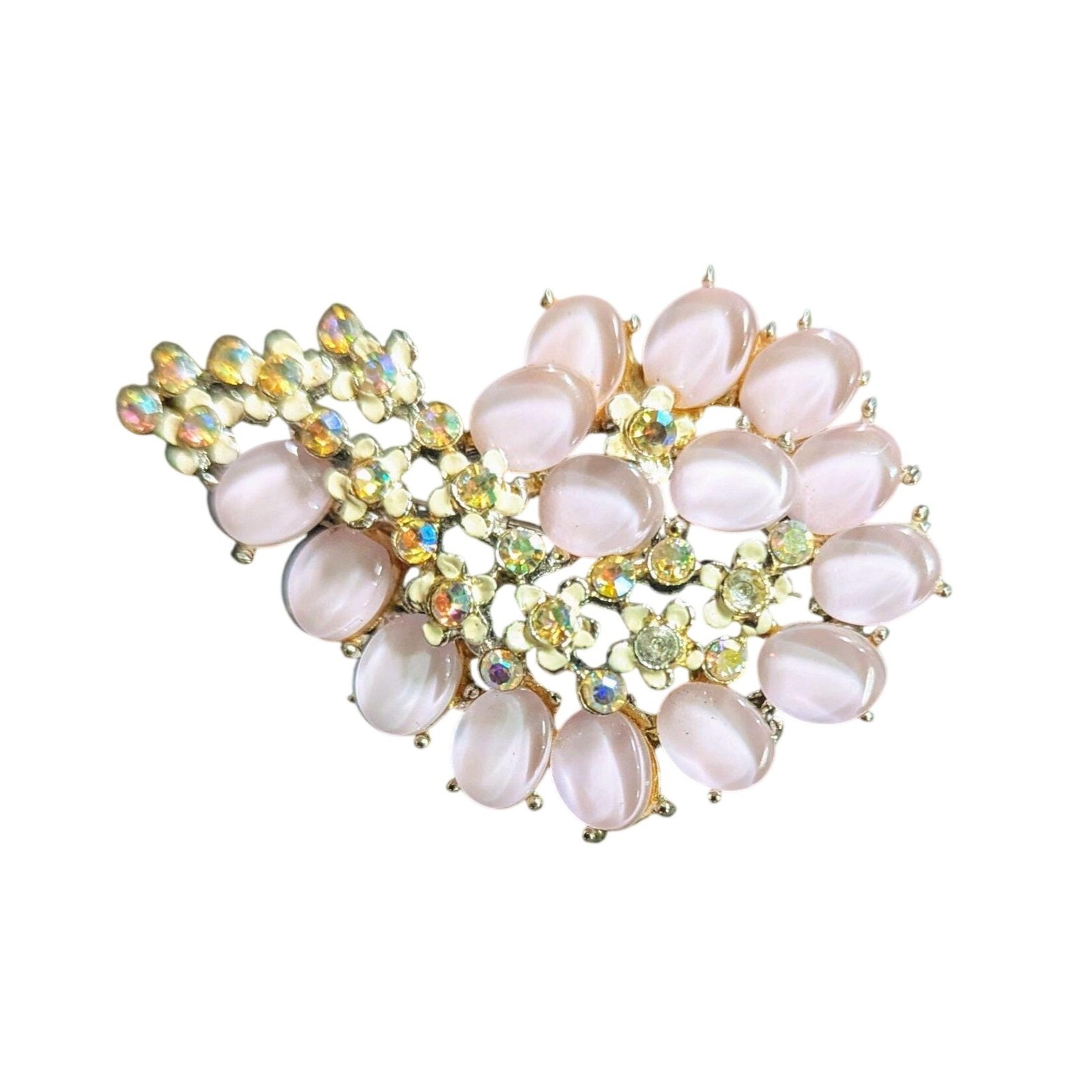 Vintage Bsk Pink & Clear Rhinestone Floral Leaf Brooch Pin Costume Jewelry 2.5
